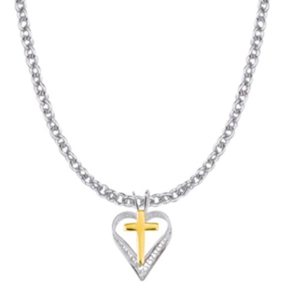 NIB Two-Tone .925 Sterling Silver Cross and Heart Necklace.